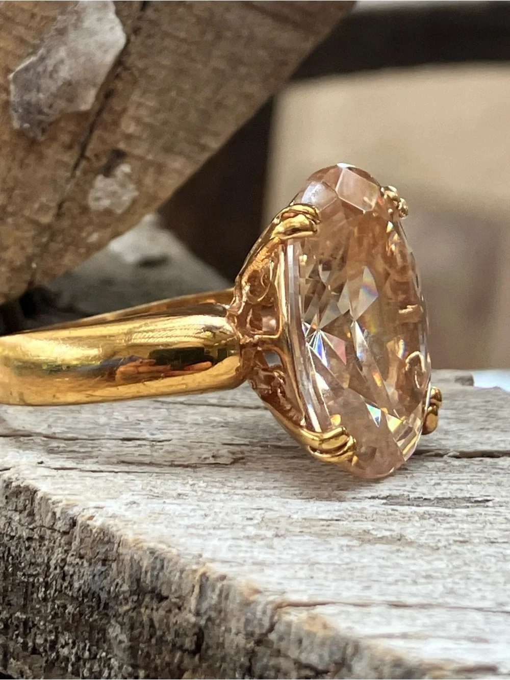 LARGE Champagne CZ Cocktail Solitaire Ring Gold Plated